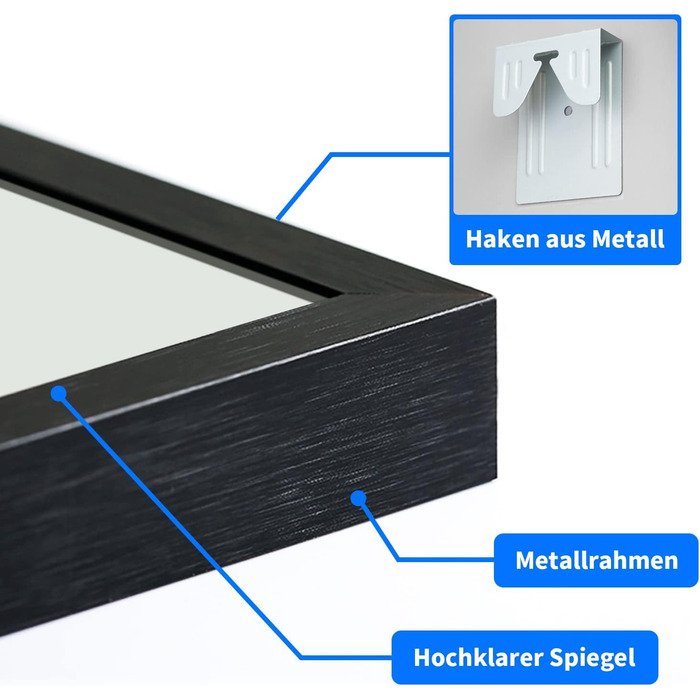 Дзеркало Boromal Spiegel Schwarz 100x60 см прямокутне з металевою рамою для ванної кімнати, спальні, туалетного приміщення. Чорний настінний дзеркало 60L x 100B cm