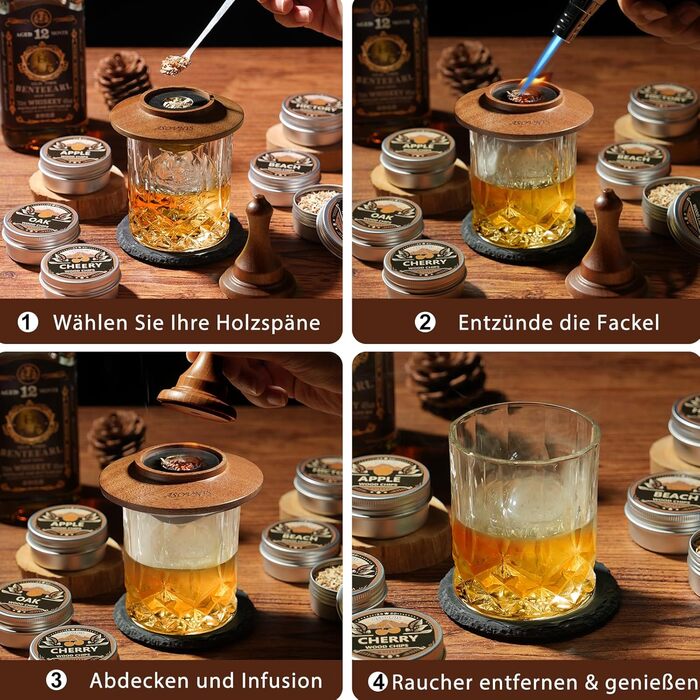 Набір для копчення віскі з факелом, 6 смаків, тріски, 2 склянки, 6 контейнерів для віскі, набір для коктейлів, набір для копчення напоїв, подарунок на день народження для Бурбон-віскі для чоловіків (без бутану)