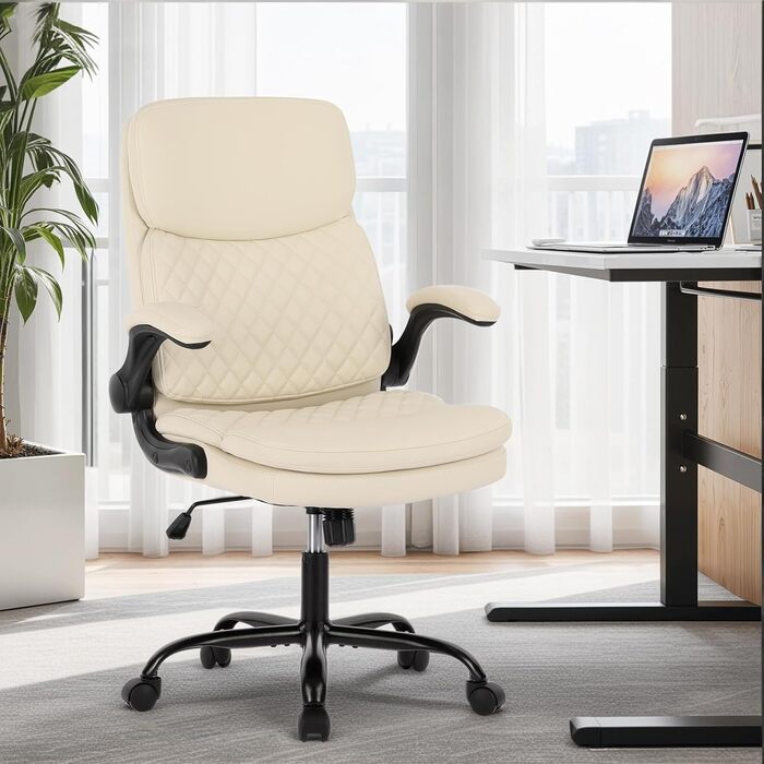 Офісний крісло Colamy: ергономічний, з високою спинкою, регульовані підлокітники, шкіряне покриття (слонова кістка)