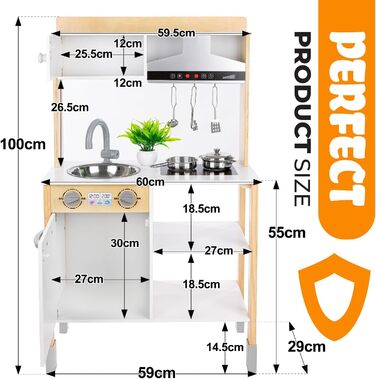 Дерев'яна дитяча кухня Kinderplay з LED та звуками приготування їжі, регульована висота 92–107 см, ігровий набір для дітей від 3 років, повний комплект з аксесуарами, світло-сірий колір (Modern - Weiß)