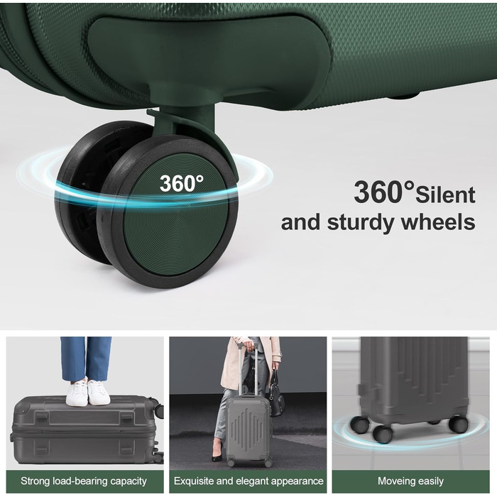 Набір валіз LALAHO 2 шт. з косметичкою, ABS, телескопічний ручка, захист кутів, сірий (Dunkelgrün-1, M (55CM))