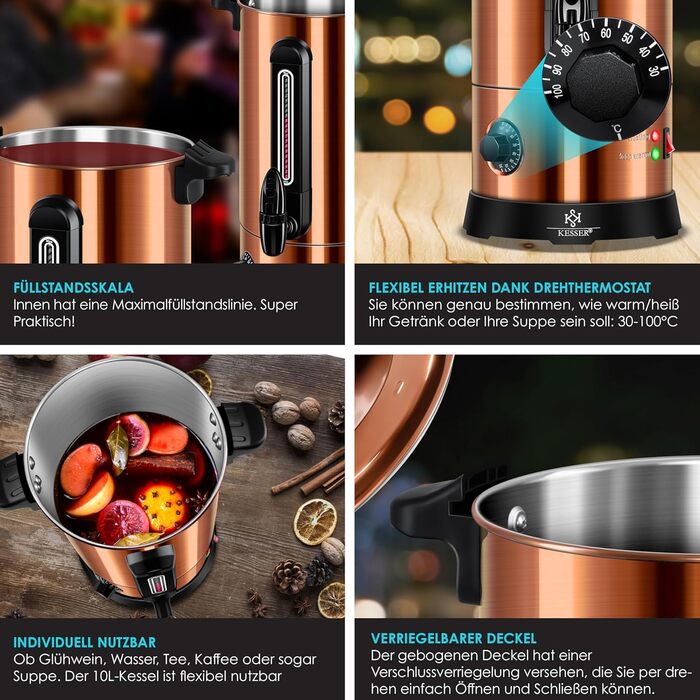 Кесер® Електричний казанок для глінтвейну 10л з нержавіючої сталі, з термостатом, 10 склянок, індикатор рівня, кран, мідний