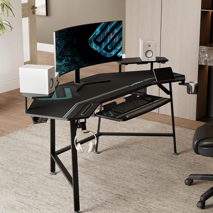 Ігровий стіл EUREKA ERGONOMIC 160x74 см - великий стіл у формі крила з 2 відсіками для iPad. Підходить для дому, офісу, стрімінгу. Чорний колір.