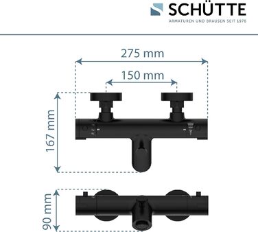 Змішувач для ванни Schütte London з термостатом, захист від опіків 38°C, хромований (чорний)
