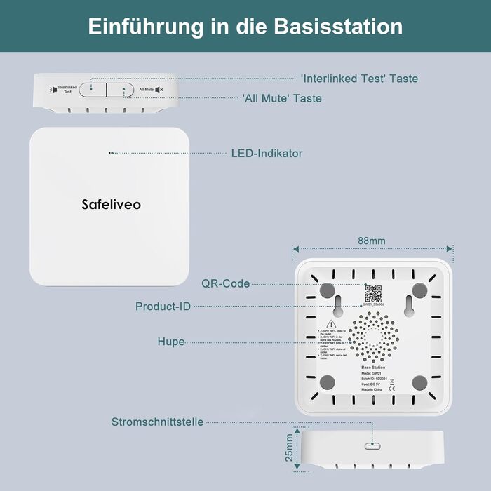 Набір димових сповіщувачів Rauchmelder 5 шт. з базовою станцією, Wi-Fi, 10 років роботи батареї, 85dB, білий