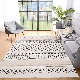 Бавовняний килим SHACO, ворсистий бавовняний килим, що миється ретро-килим з принтом, білий, чорний килим, бігун, килим для передпокою з пензликами, килими в стилі бохо для вітальні, спальні, вхідних дверей, 60x130 см (120x180 см)