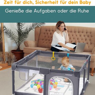 Дитячий манеж-ігровий центр з матрацом, басейн з кульками (50 кульок у комплекті) та 4 ручками для тримання. Розмір 124x124 см, дихаюча сітка, матеріал 210D Oxford, колір темно-сірий.