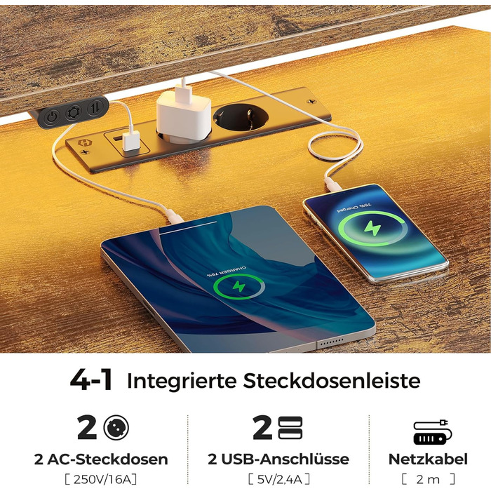 Комп'ютерний стіл Rolanstar L-подібний з RGB підсвічуванням та розетками, геймінговий стіл з полицею та 2 гачками, для офісу, робочого кабінету, спальні (117см) (Вінтажний коричневий, 137 x 77 x 87 см)