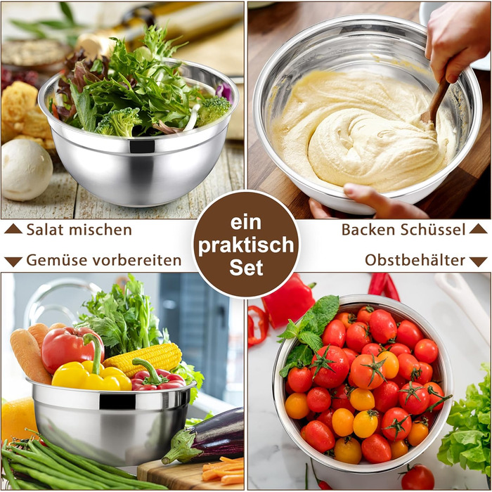 Набір мисок Herogo (6 шт.) з нержавіючої сталі з кришками, 6,7/3,3/2,5/1,5/1,2/0,7 л, для приготування їжі/випічки/зберігання, миюча посудомийна машина, кольору хакі