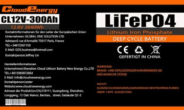 Акумулятор LiFePO4 Cloudenergy 12,8 В 300 Ач, 100 А BMS, 6000 циклів, 10 років, для автономної мережі, дому, автофургону, сонячної батареї