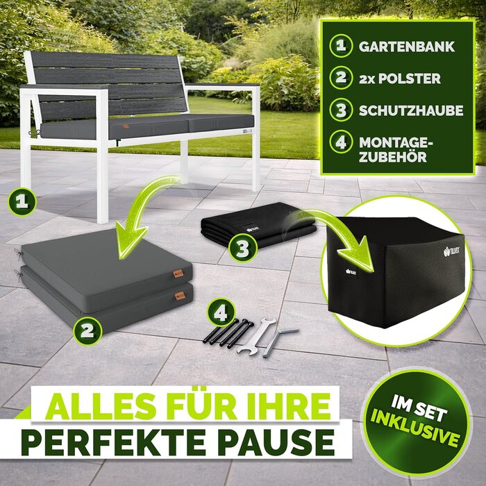 Садова лавка Tillvex® 3-4 місця з подушками та чохлом, вулична, дерев'яний вигляд, до 300 кг, стійка до УФ-випромінювання, антрацит/білий, 150 см