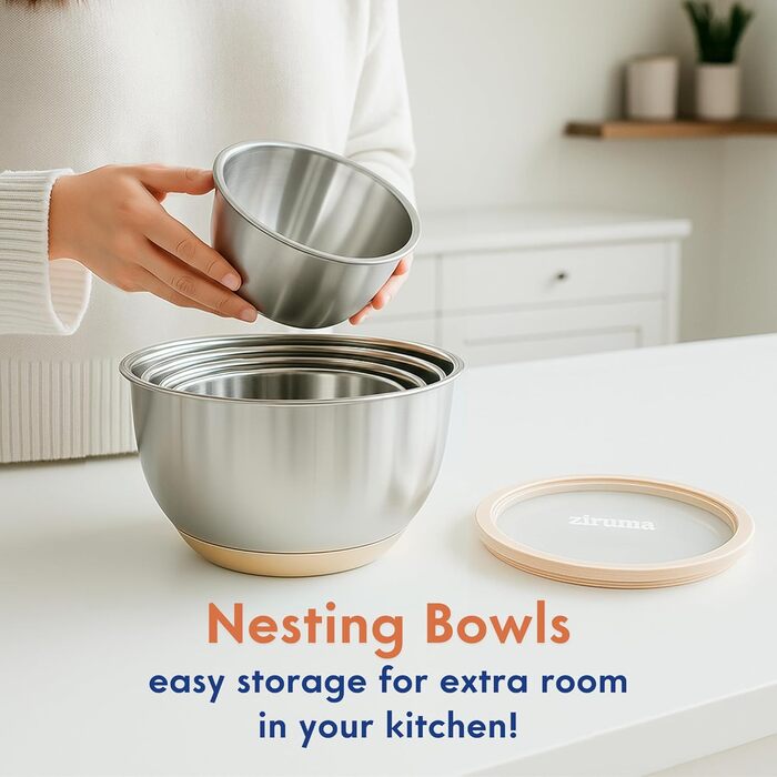 Набір мисок Ziruma з кришками - 5 шт. з нержавіючої сталі, без пластику, скляні кришки, для кухні, 0.9-4.3L