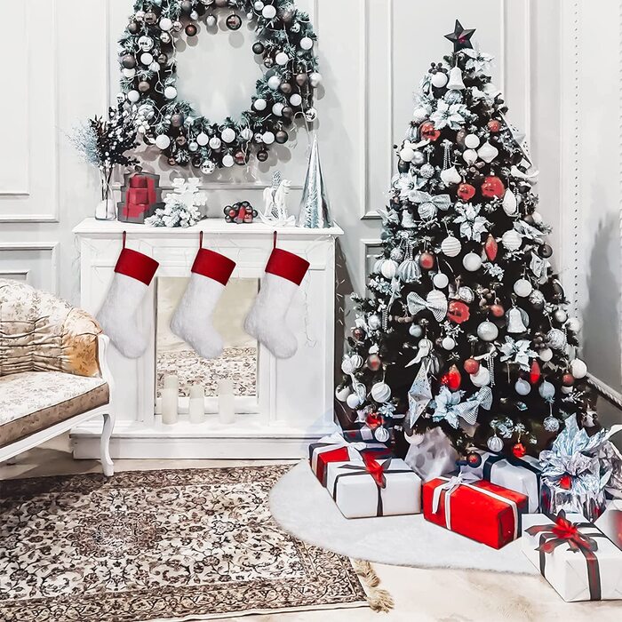 І елегантний персоналізований Різдвяний панчіх з ім'ям, різдвяні панчохи з хутра сніжинки з блискітками, Різдвяний декоративний подарунковий пакет, Різдвяний камін, підвісний панчіх Святого Миколая, білий, (біла Різдвяна ялинка)