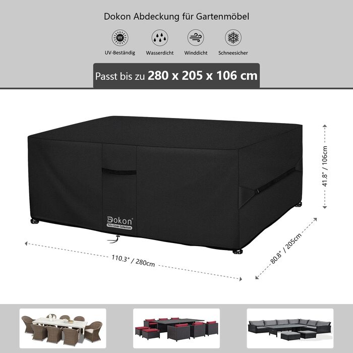 Водонепроникний чохол для садово-патіо меблів Dokon, 280x205x106 см, чорний, 420D Oxford, захист від пилу та УФ-променів