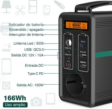 Портативна електростанція SWAREY 166 Втгод, 230 В змінного струму, 2 DC, USB-C PD 30 Вт, акумулятор LiFePO4, сонячний генератор S166