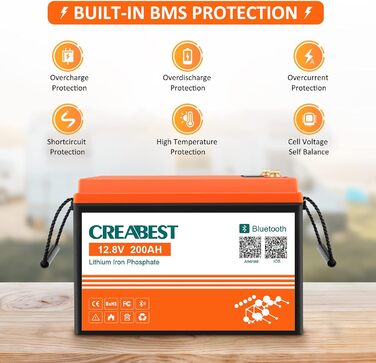 Акумулятор 12V 200Ah CREABEST LiFePO4, інтегрований BMS, Bluetooth, 2560 Вт, для автофургону, сонячної системи, поза мережею