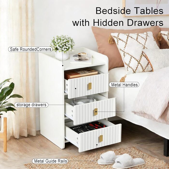 Нічний столик з 3 шухлядами, білий, для спальні та вітальні