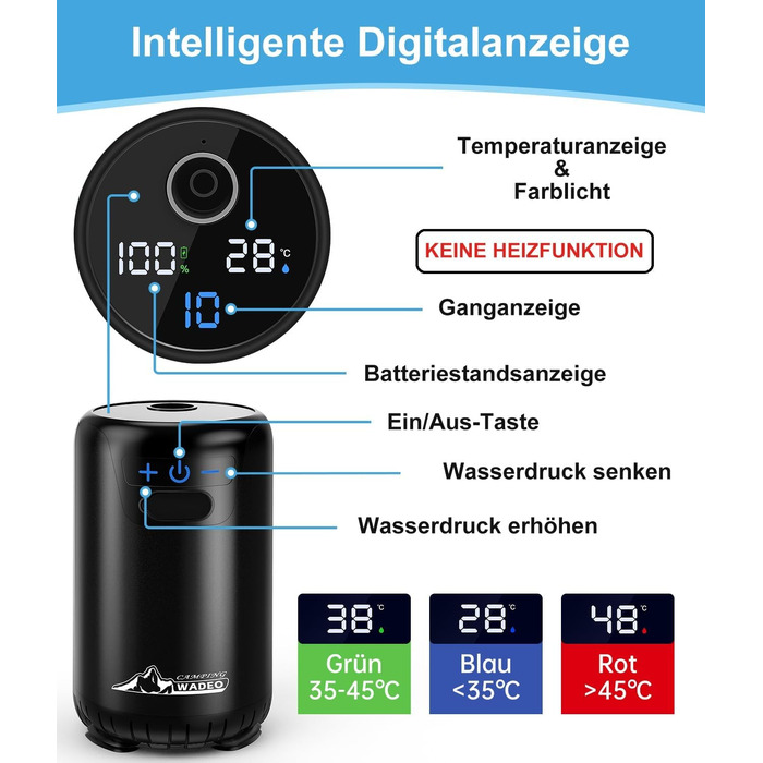 Портативна душова кабіна WADEO для кемпінгу з акумулятором та помпою, 10 режимів, акумулятор 6000 mAh (3 години роботи), подвійний цифровий дисплей, для відпочинку на природі, у саду та в подорожах (чорна)