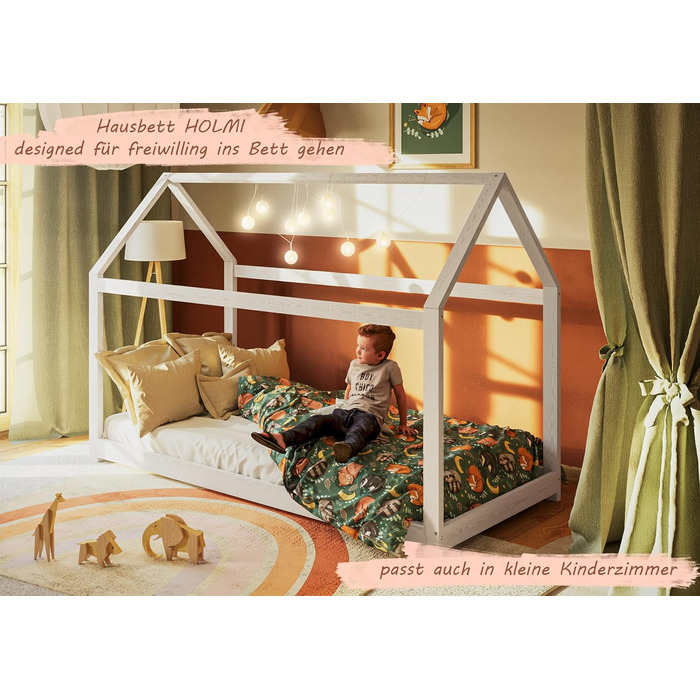 Дитяче ліжко Alcube HOLMI 80 х 160 см, Монтессорі Ліжко підлогове в т.ч. рейкова основа для хлопчиків і дівчаток з масиву сосни Ліжко-будиночок 80x160 - Ліжко біле 80х160 см Білий - Без висувних ящиків - стиль Монтессорі
