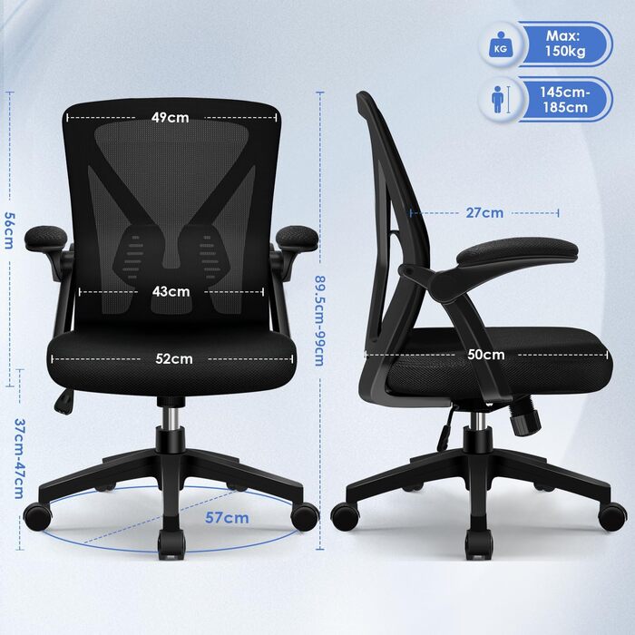 Офісний крісло Hinode з підйомними підлокітниками та функцією гойдання, 360° обертання, регульована висота, ергономічне крісло для дому/офісу з дихаючою сіткою, до 150 кг, чорний, Стиль 1