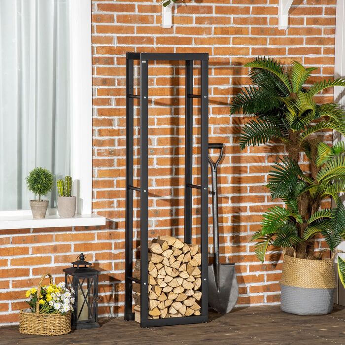 HOMCOM Металева полиця для дров 40 x 25 x 150 см. Полиця для зберігання дров, органайзер для штабелювання, міцна сталева конструкція, витримує до 100 кг. Захист дров від вологи, полиця для дров для саду, тераси, зовні. Чорний колір.