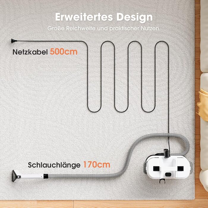 Наклепник для килимів та меблів 450W з потужністю всмоктування 13500Pa, білий. Ідеально для килимів, диванів, меблів, сходи, автомобіля та виведення плям. Великий бак та довгий кабель.