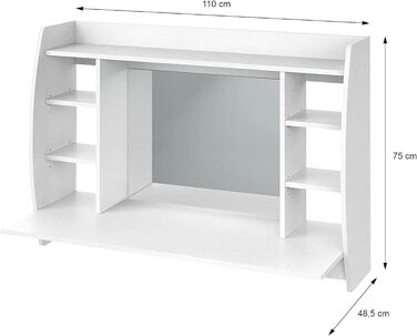 Туалетний столик настінний ML-Design білий, 110x75x48.5 см, з дзеркалом, 6 відділень, табурет з регулюванням висоти, МДФ Дерево