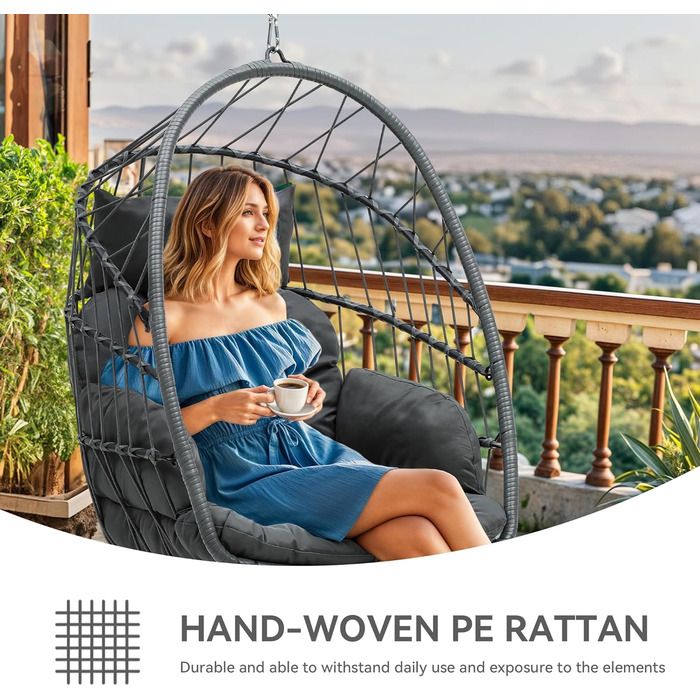 Крісло-гойдалка YITAHOME для дому та саду, сіре, з подушками, 150 кг, 105x74x72 см