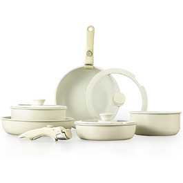 Набір кухонного посуду 11 предметів з антипригарним покриттям та знімними ручками: складаний набір каструль та сковорідок для індукційних, газових плит, духовки та посудомийної машини, без PFAS (зелений)