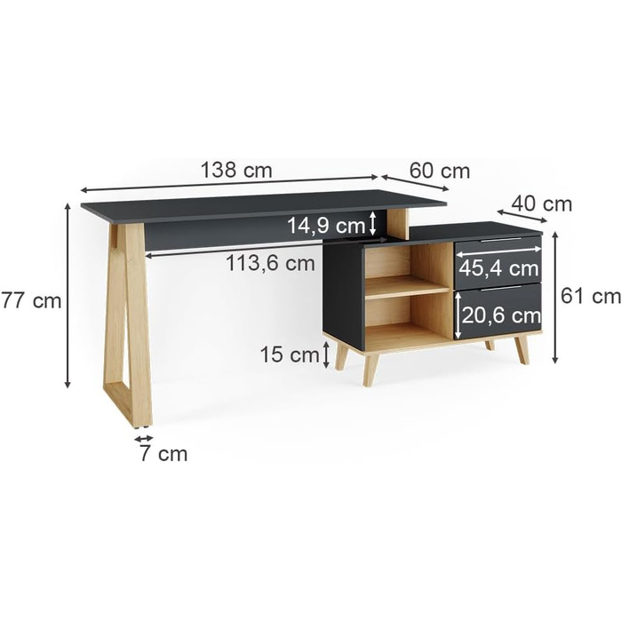 Письмовий стіл Vicco Nautica, антрацит/бук, 138 x 60 см з шухлядами, XL Письмовий стіл ANT/SE XL