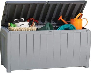 Садова скриня-лавка Keter Novel 340L сіра/чорна - водонепроникний ящик для зберігання подушок та садових меблів 124x55x62.5 см