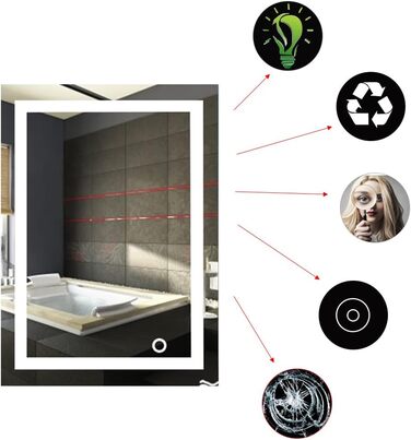 Дзеркало для ванної кімнати Kedia 50x70 см з підсвіткою LED, біле світло 6500K, сенсорне керування