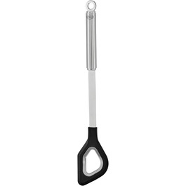 Силікон, високоякісна лопата для сковороди з силіконовим обідком і круглою ручкою, нержавіюча сталь 18/10, можна мити в посудомийній машині, 36 x 7 x 3,5 см, чорний (дерев'яна ложка з отвором)