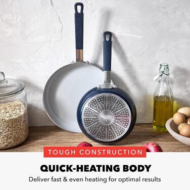 Набір сковорідок GreenPan x Bobby Flay, 20.3 см та 25.4 см, з антипригарним покриттям, без PFAS, діамантова кераміка, для індукційних плит, з силіконовою ручкою, легко миються, придатні для миття в посудомийній машині, блакитний Оксфорд