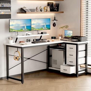 Кутовий стіл Devoko з 4 висувними ящиками з тканини, 2 розетками та 2 USB-портами, для дому та офісу, ігор, білий, 140x80 см