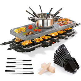 GOURMETmaxx Ракуетка 2-в-1 з Фондю | Набір ракуетки на 8 осіб – ідеальний гриль для вечірок | Ракуетка-фондю комбінація з 8 сковородами, лопатками та виделкою для фондю | Набір ракуетки з фондю на 8 осіб (Ракуетка & Фондю комбі XXL на 12 осіб)