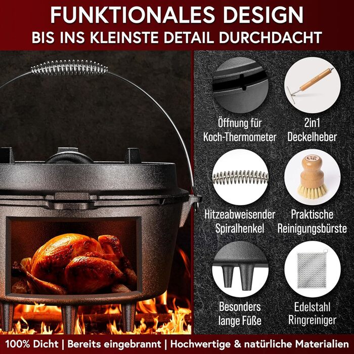 Набір голландської печі з емальованого чавуну 4,5 л (2-4 особи) – для 2-4 осіб, з ніжками, подвійна функція, кришка-підйомник 2в1, чистящий кільце, щітка та кулінарна книга – гарантія 30 років