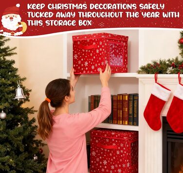 Коробка для зберігання новорічних прикрас з 166 відділеннями, 31x31x30 см, червона, з сніжинками