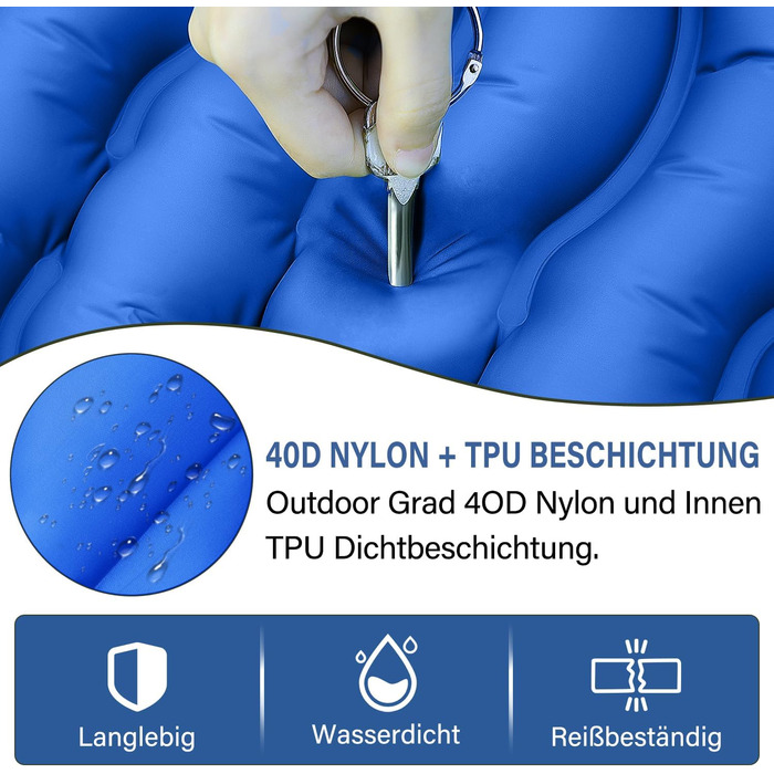 Кемпінговий надувний килимок Yuzonc Isomatte з вбудованим ножним насосом та подушкою, компактний легкий матрац для походів, туризму та пляжу (Blue231)