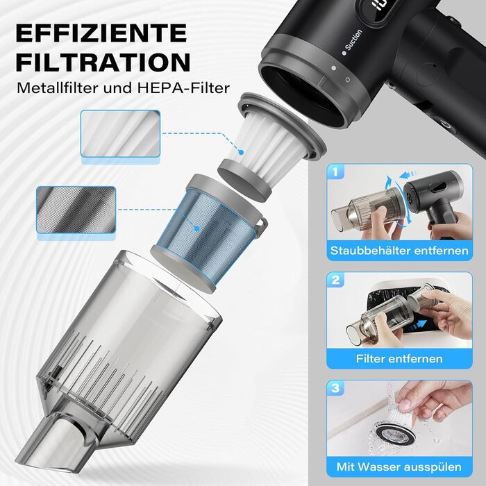 Аккумуляторний автомобільний пилосос APPS2Car 15000Па, бездротовий ручний пилосос з цифровим дисплеєм, складаний дизайн та 2 HEPA-фільтрами для авто, дому та кухні