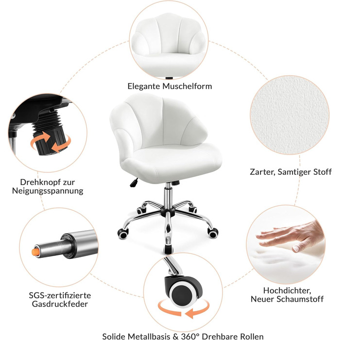 Крісло Yaheetech для дому та офісу: пуф для макіяжу, крісло з регулюванням висоти, обертове, біле, до 136 кг