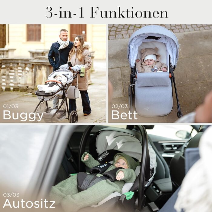 Дитяча коляска 3 в 1 з автокріслом та люлькою | Коляска для новонароджених з 5-точковим ременем безпеки | Кольори: світло-оливковий та світло-сірий без Isofix