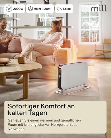 Електричний конвекторний обігрівач Mill 2200W - для кімнат 24-28 м², з таймером, білий
