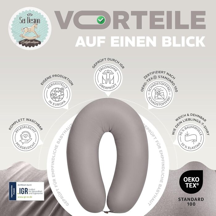 Подушка для годування та вагітності sei Design XXL (190x35 см), ергономічна подушка для сну з чохлом з органічної бавовни муслін, сріблясто-сіра