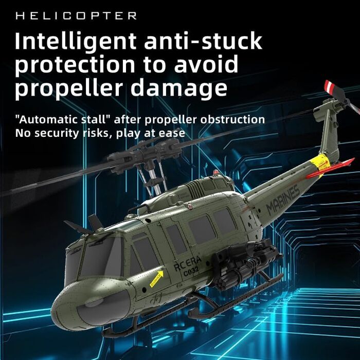 RC Гелікоптер ERA C032 UH-1 Huey, 1/48, 2.4G 6CH, Стабілізатор, Утримання висоти, Зелений