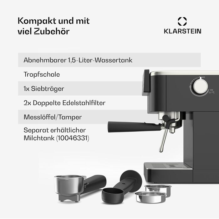 Klarstein SteelPresso Touch: Еспресо-машина з нержавіючої сталі, 20 бар, 1350 Вт, з інтегрованим капучинатором та сенсорним дисплеєм. Компактна кавомашина Klarstein чорного кольору.