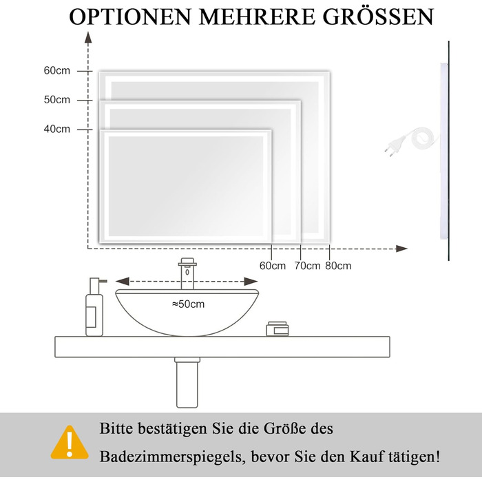 LED дзеркало для ванної кімнати KLGFI з підсвіткою, сенсорним вимикачем та функцією антизапар, 50 x 70 см