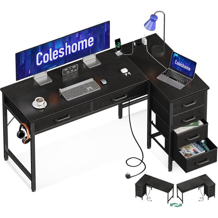Комп'ютерний стіл Coleshome L-подібний з 6 висувними ящиками, розеткою, білий, 126x80 см