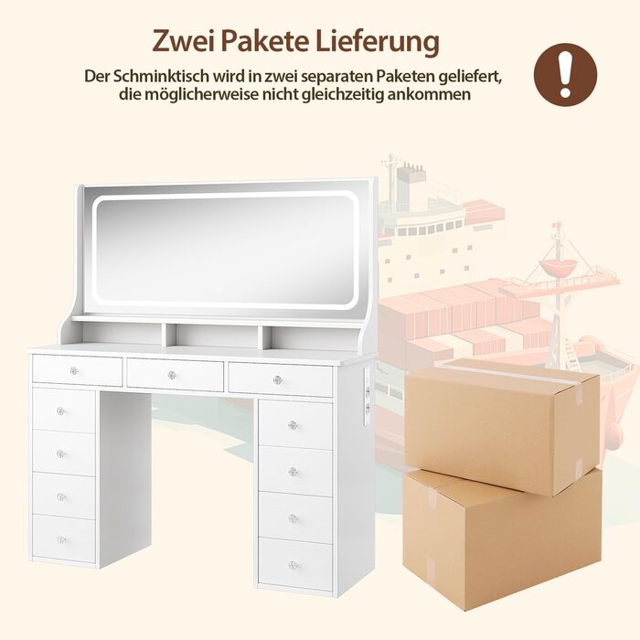 Діплекс туалетний столик з підсвіткою, 110 см, з 11 шухлядами та LED-дзеркалом, білий. Сучасний туалетний столик для спальні та гардеробної