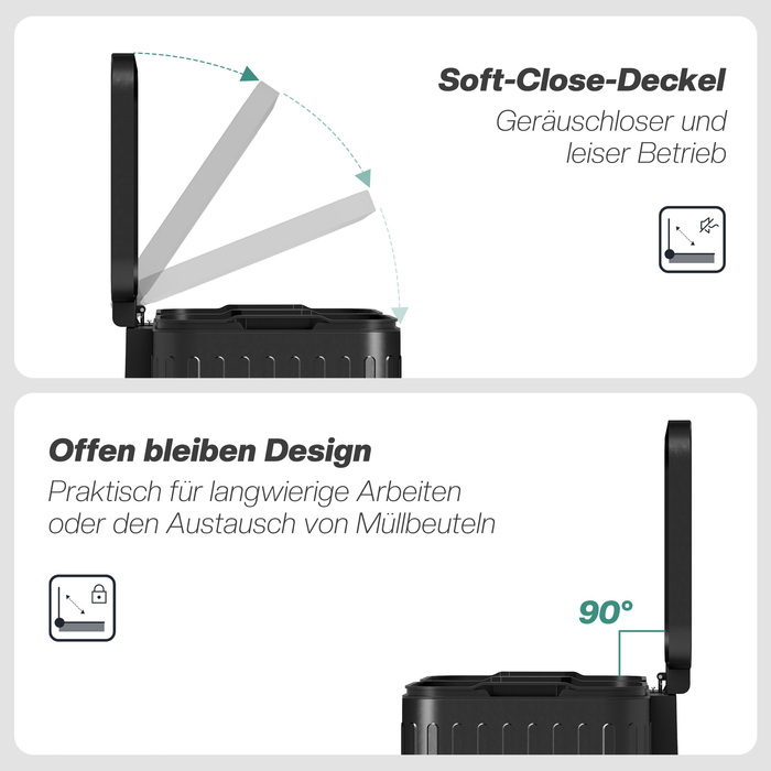 Відро для сміття з роздільними відсіками, 2 відсіки по 20 літрів, ефективне сортування сміття, з педальним механізмом, матеріал: пластик та метал, колір: чорний